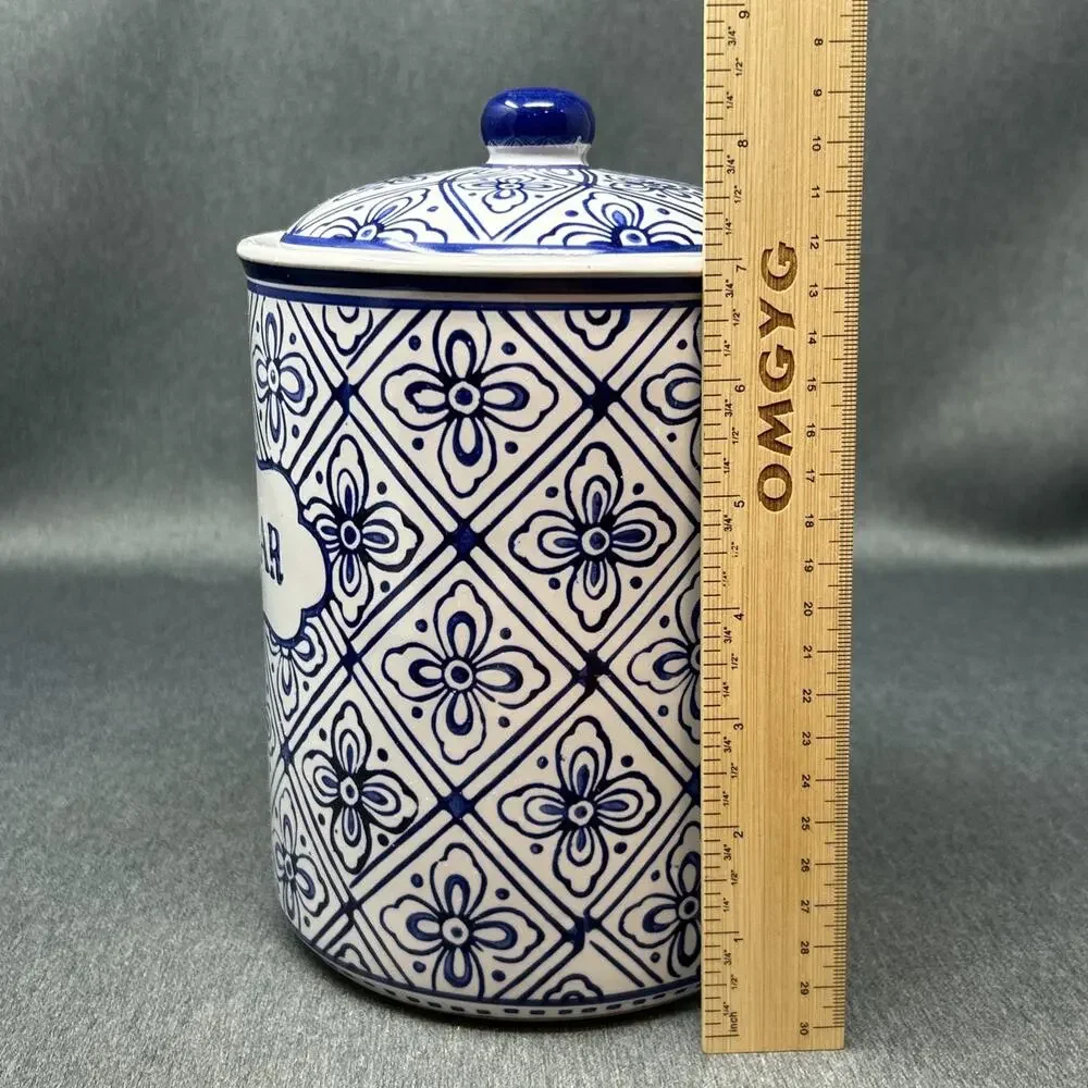 Home Essentials Blue Stamp Sugar Canister Ceramic Blue White Tile Pattern Decor